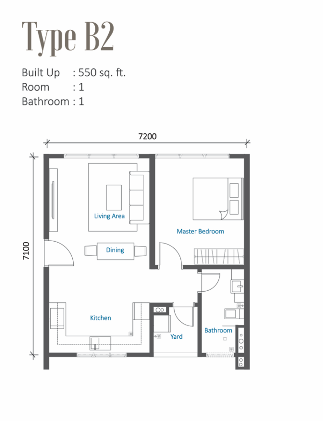 1 room, 1 bath, 550 sq ft built up