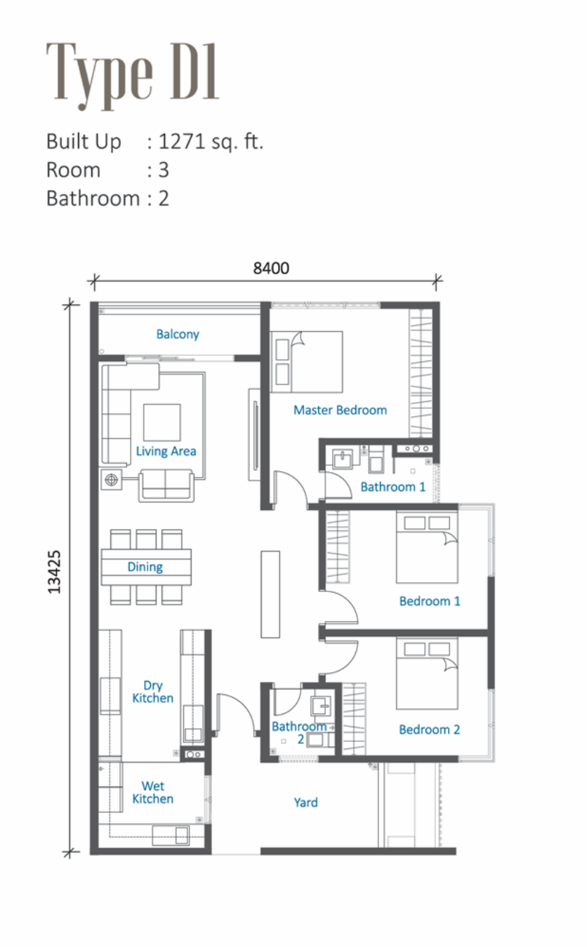 3 rooms, 2 baths, 1,271 sq  ft built up