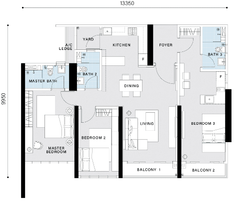 Condo built up 1,324 sq ft- 3 bedrooms