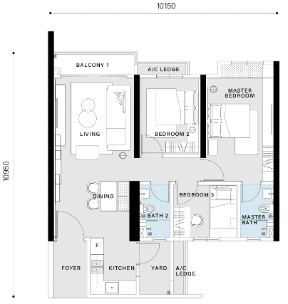 Condo built up 1,044 sq ft - 3 bedrooms