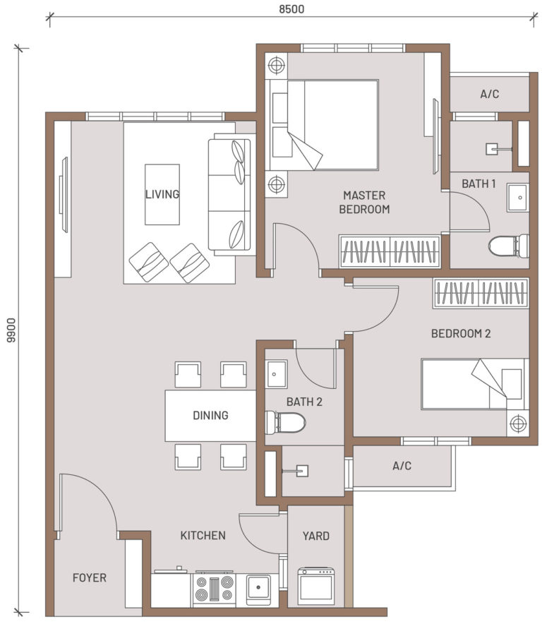 2 bedrooms suite, 735 sq ft built up