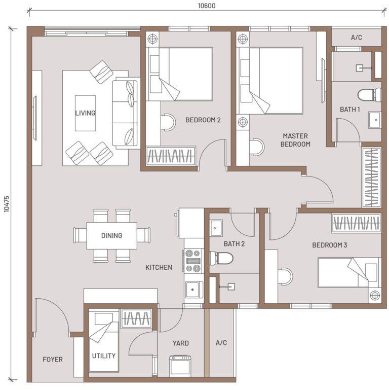 3+1 rooms suite, 1,050 sq ft built up