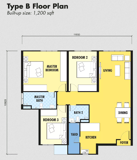 Built-up 1,200 sq ft, 3 bedroom condo