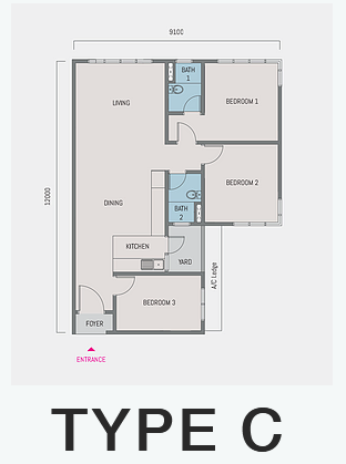 3-bedrooms condo, 1,000 sq ft,  built-up area