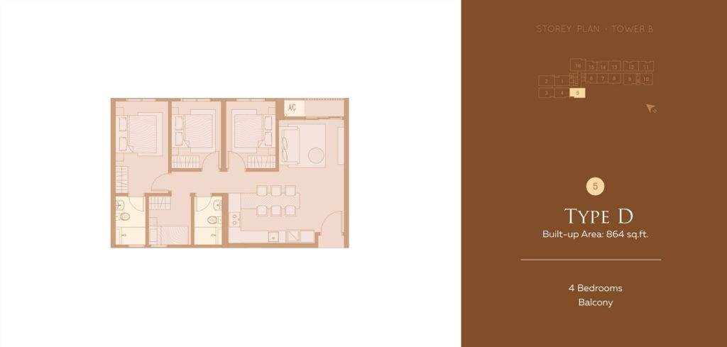 4 rooms, 864 sq ft built-up