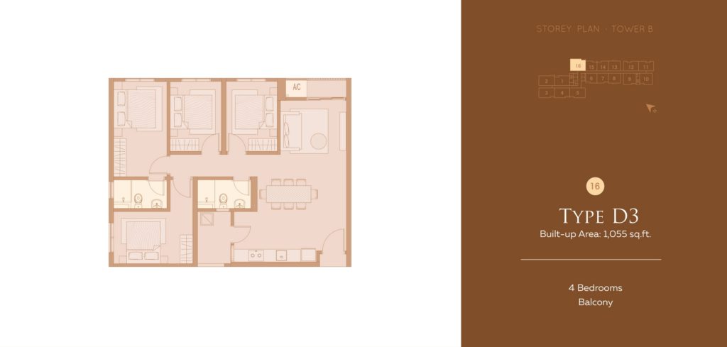4 bedrooms, 1.055 sq ft built-up area