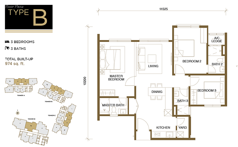 3 bedrooms, 974 sq ft built-up size