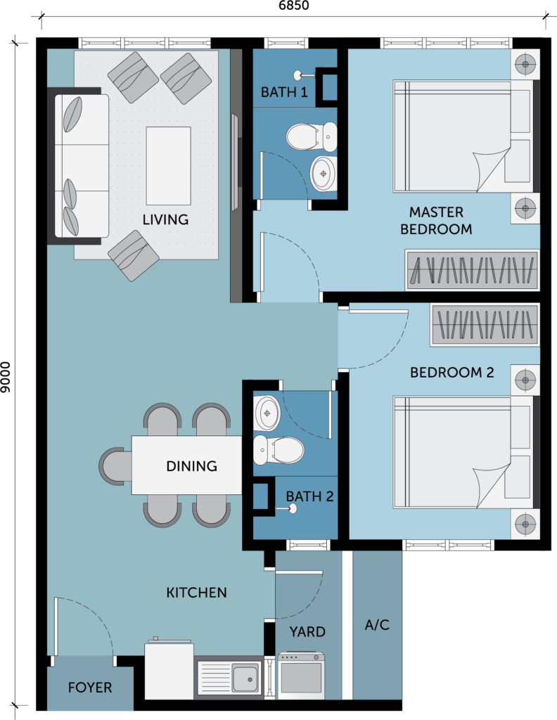 2 rooms, 2 baths suite - 600 sq ft 