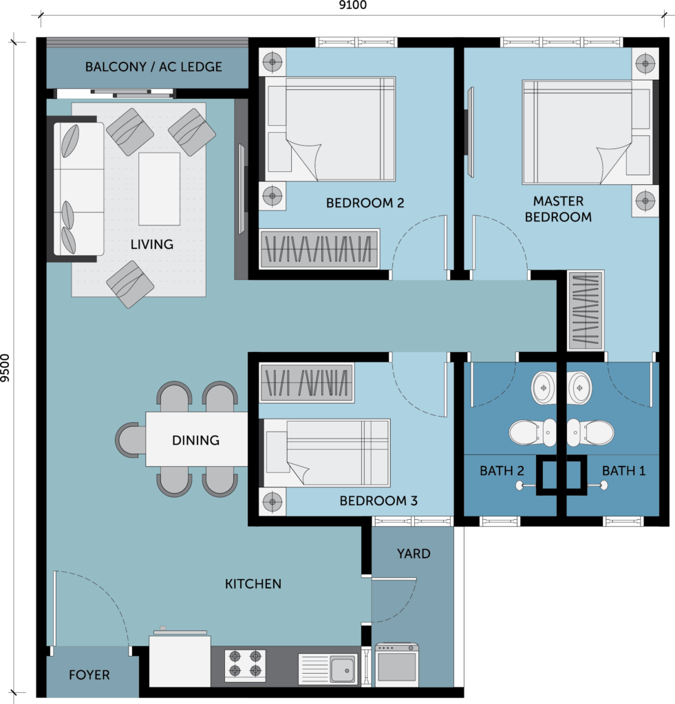 850 sq ft - 3 bedrooms