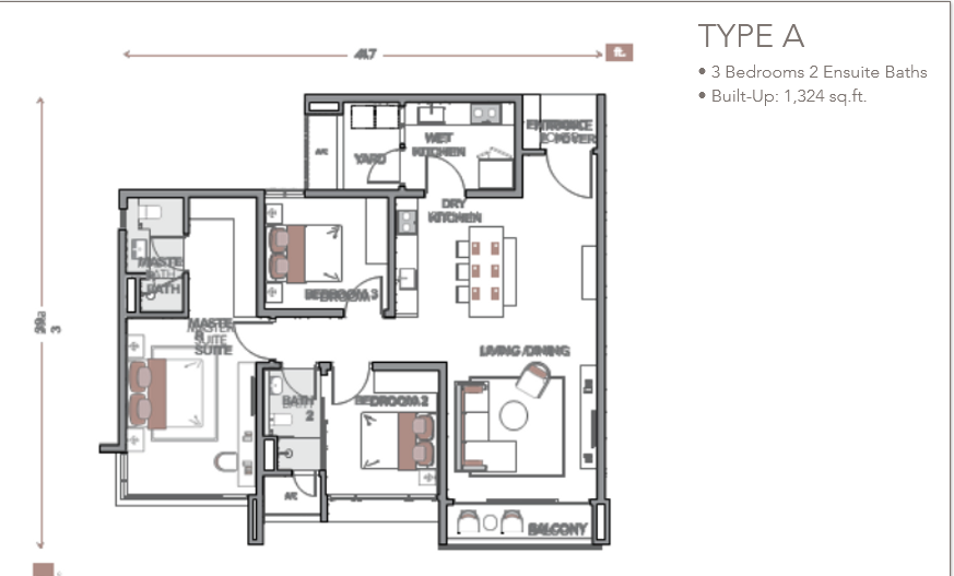 3 bedrooms condominium suite - built up 1,324 sq ft