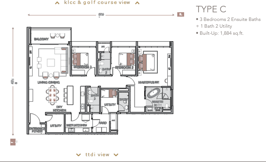 1,884 sq ft built up condo with 3 bedrooms