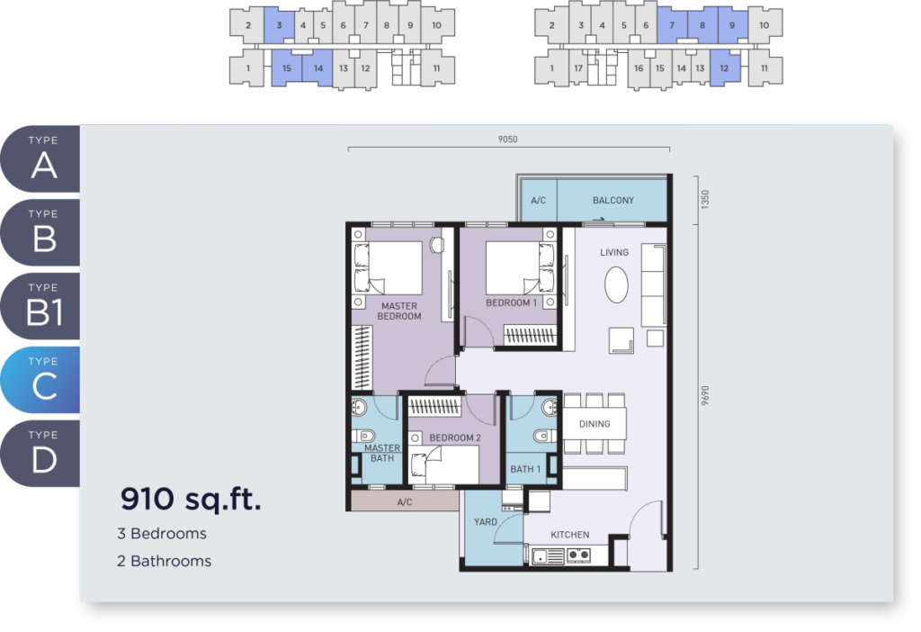 910 sq ft - 3 bedrooms condominium