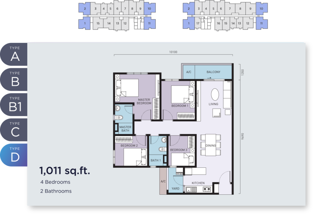 1,011 sq ft - 3 bedrooms condo