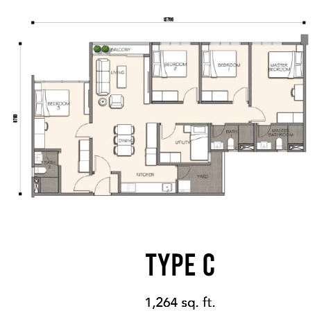 5 bedrooms condominium - 1,264 sq ft built up