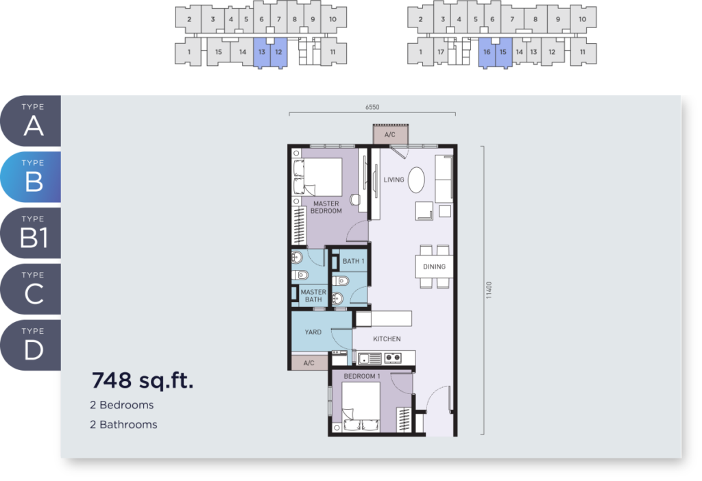 748 sq ft - 2 bedroom condominium