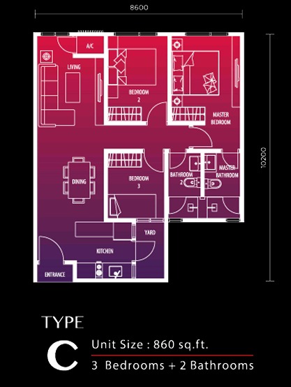 860 sq ft - 3 bedroom