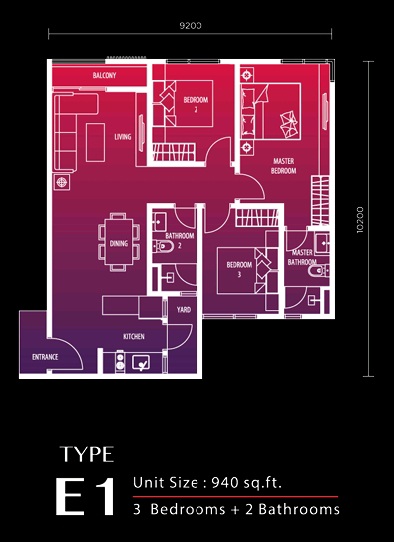 940 sq ft - 3 bedroom