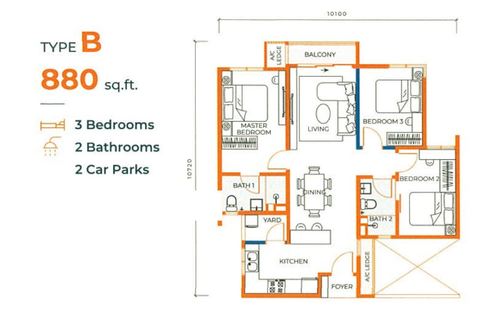 Built up 880 sq ft - 3 bedroom condominium 