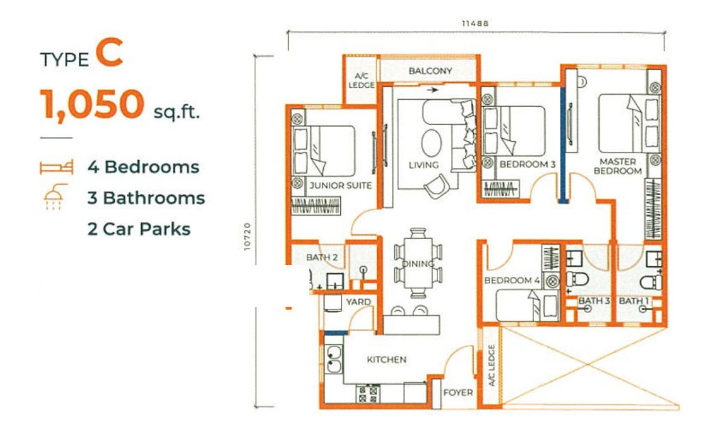 Built up 1,050 sq ft -  4 bedroom condo 