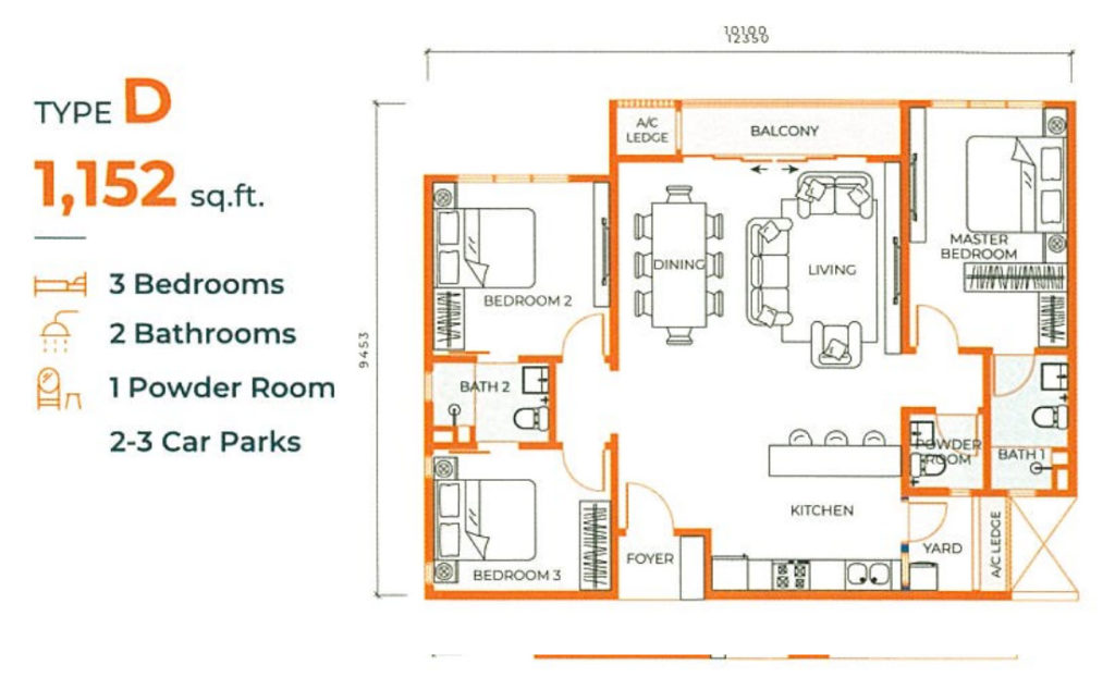 Built up 1,152 sq ft - 3 bedroom & 1 powder room condo 