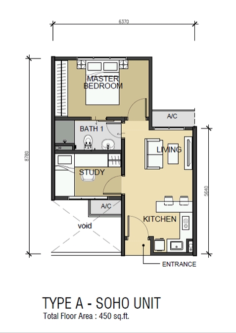 1+1 bedrooms and 1 bathrooms with built-up area 450 sq ft