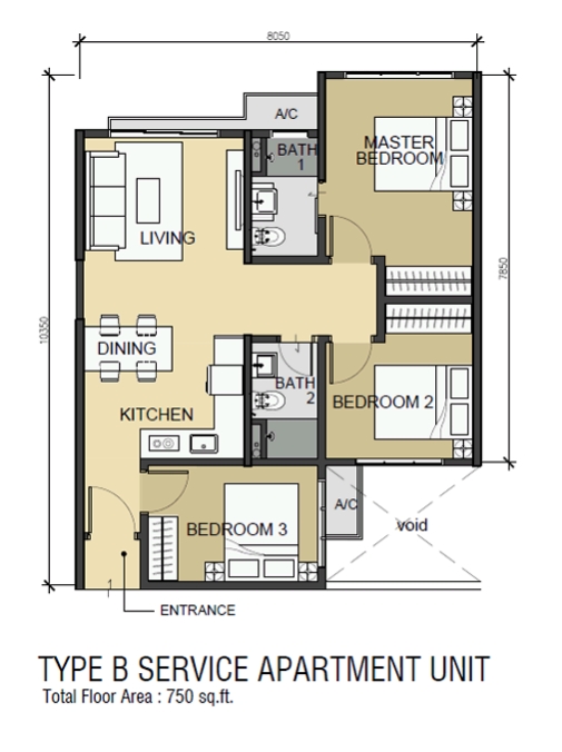 3 bedrooms and 2 bathrooms with built up 750 sq ft