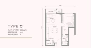 Unit built-up size 683 sq ft with 1+1 rooms & 1 bath