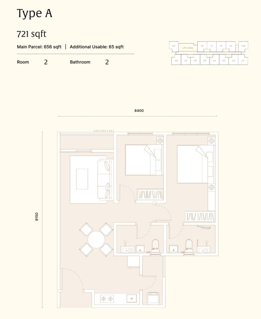 Arra Residences Serviced Apartment Floor Plan, Type A : 721 square feet , 2 bedrooms+ 2 bathrooms with balcony & yard configuration