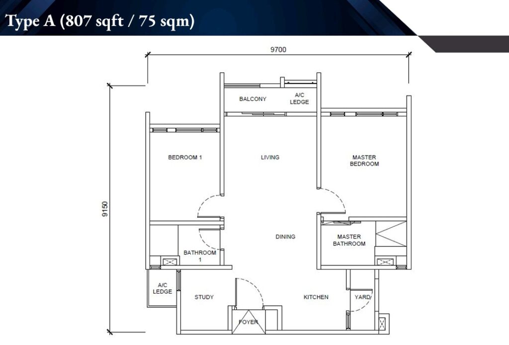 Floor plan with built-up size 807 sq ft, with 2+1 rooms/2 baths layout