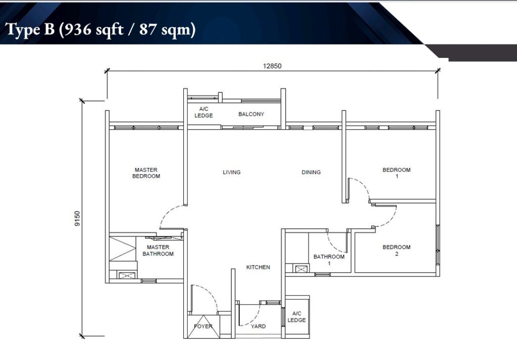 Floor plan with built-up size 936 sq ft, with 3 rooms/2 baths layout