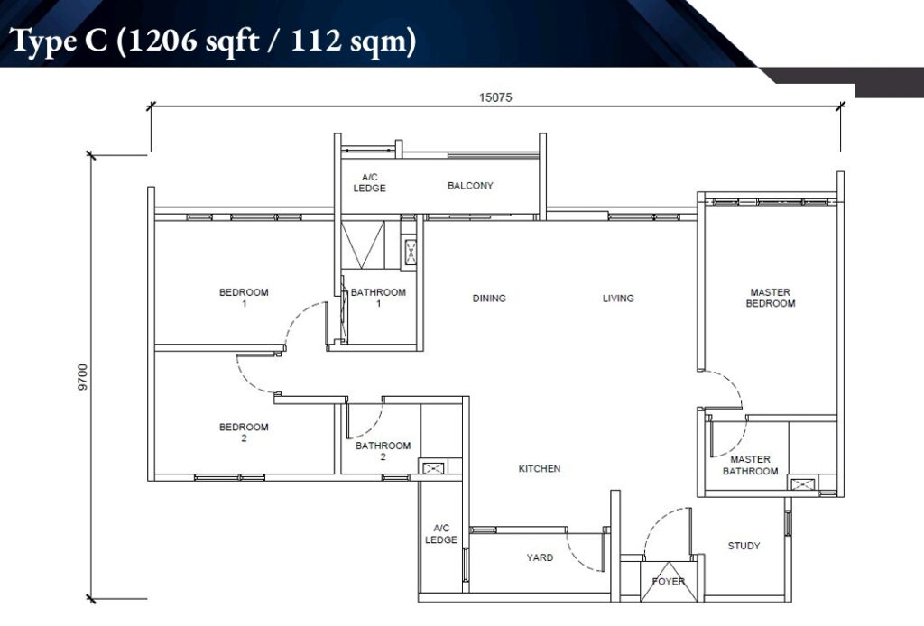 Floor plan with built-up size 1,206 sq ft, with 3+1 rooms/3 baths layout