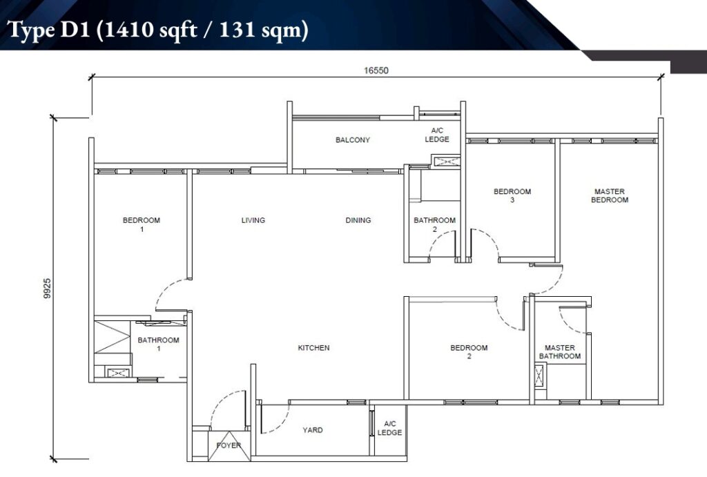 Floor plan with built-up size 1,410 sq ft, with 4 rooms/3 baths layout