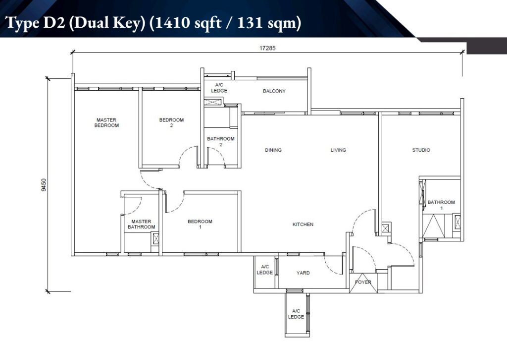 Floor plan with built-up size 1,410 sq ft, with 4 rooms/3 baths dual-key layout